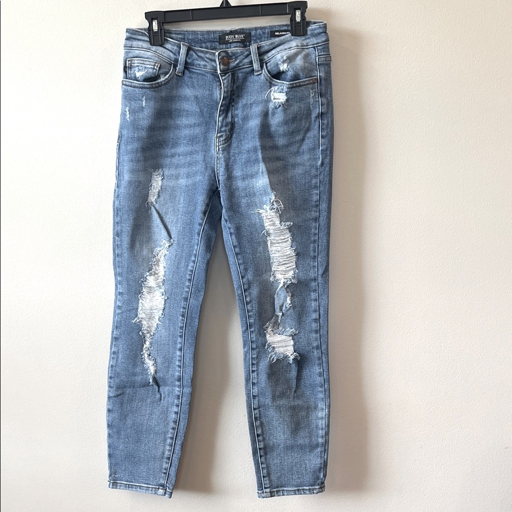 Judy Blue Relaxed Fit Light Blue Distressed Ankle Jeans Women 9/29 Stretch Denim